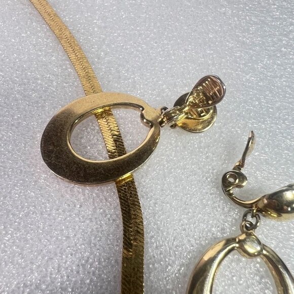 Monet Gold-Tone 18" Herringbone Necklace & Oval Polished Clip-On Earrings Set - Picture 9 of 10